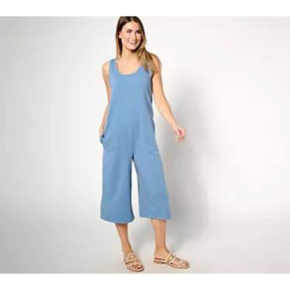 AnyBody Small Lounge Wide Leg Cropped Beach Wash French Terry Crop Jumpsuit